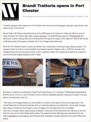 Article about Bradi Trattoria opening in Port Chester, NY, with a chef near a pizza oven and an indoor dining area.