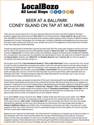 LocalBozo article: Beer at a Ballpark, Coney Island on Tap at MCU Park.