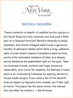 New York Magazine review of Rachel's Taqueria, describing the ambiance and food.