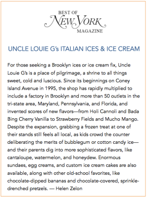 Article about Uncle Louie G's Italian Ices & Ice Cream from New York Magazine, mentioning Brooklyn and various flavors.