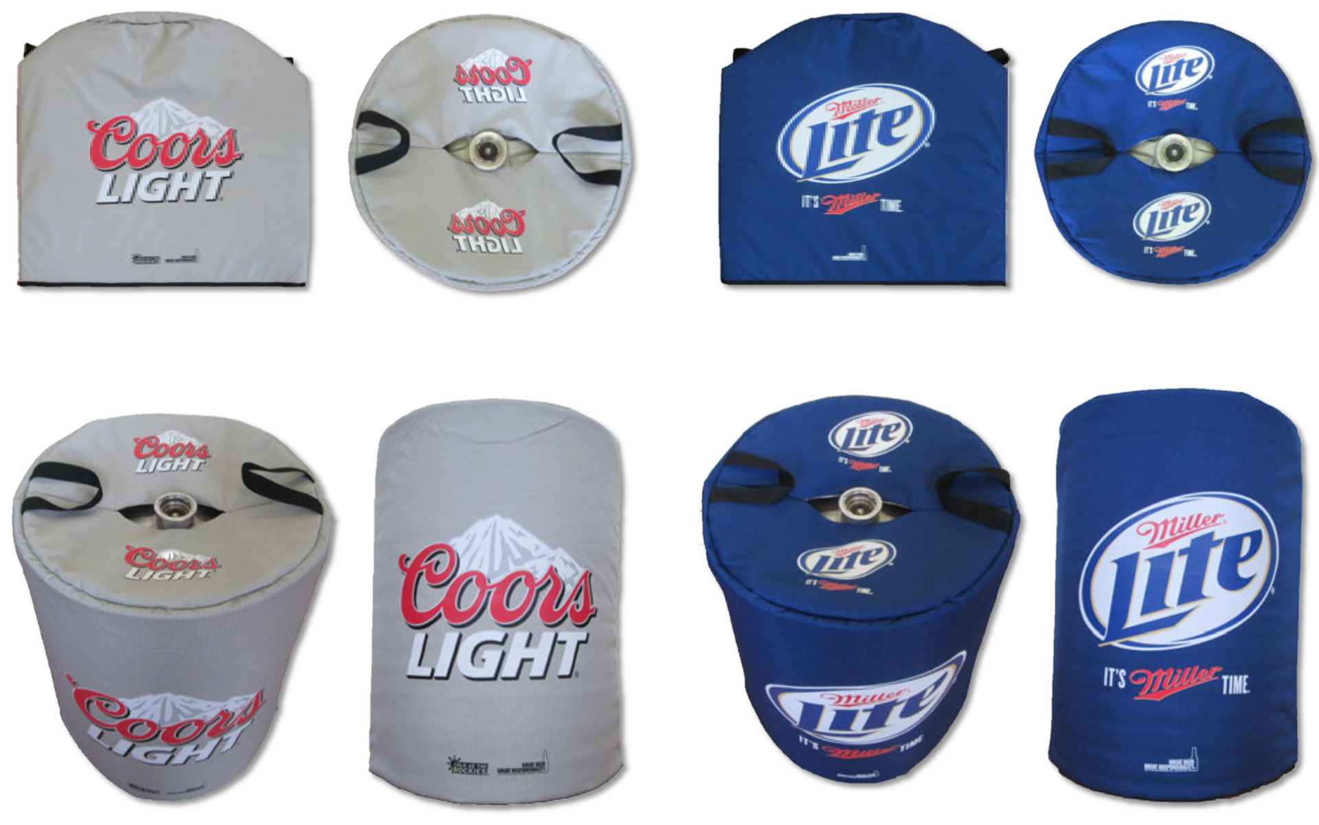 Eight beer can coolers, featuring Coors Light and Miller Lite logos, in various shapes and views.