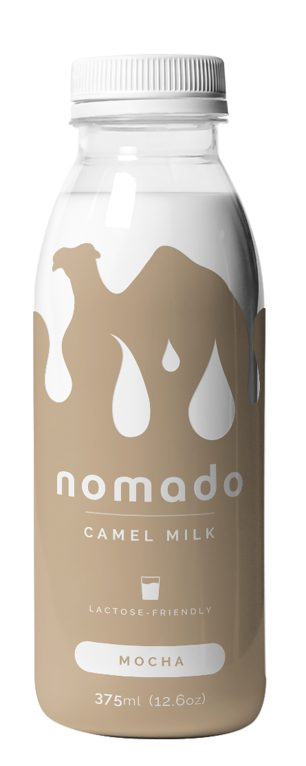Bottle of Nomado Camel Milk, mocha flavor, with camel silhouette design.