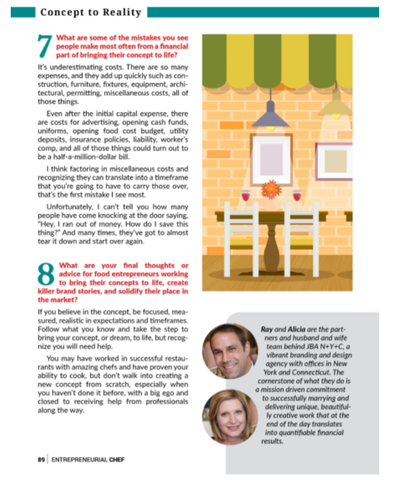 Restaurant interior illustration with text, and headshots of a man and a woman.