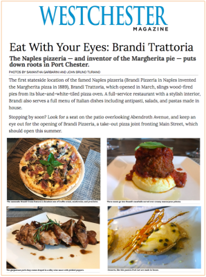 Westchester Magazine article: Brandi Trattoria, featuring pizza, meatballs, and other Italian dishes.