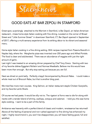 Review of Bar Zepoli, Italian restaurant in Stamford, CT. Text on orange background.
