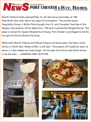 Newspaper clipping: Brandi Trattoria opens in Port Chester, NY, featuring pizza. Photos of pizza making and restaurant interior.