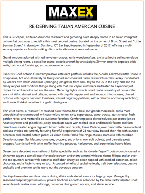 Text describing Bar Zepoli, an Italian-American restaurant, and their offerings.