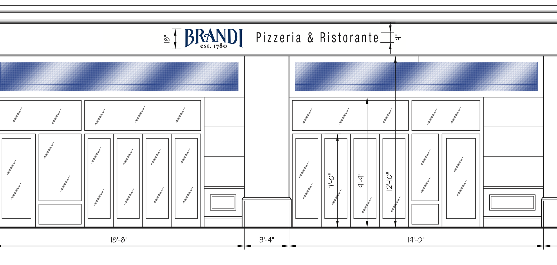 Architectural drawing of Brandi Pizzeria & Ristorante's facade with windows, blue patterned awning, and dimensions.