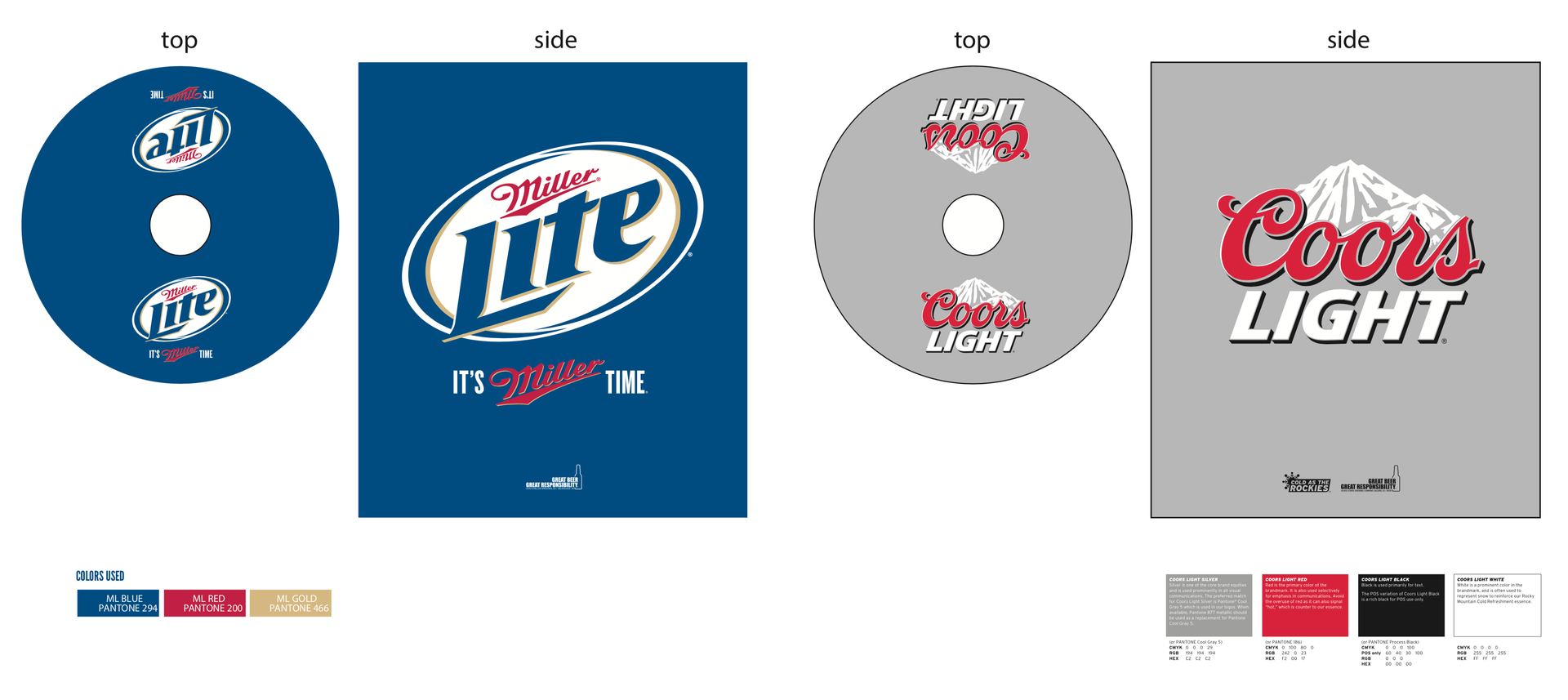 CDs with beer brand logos: Miller Lite and Coors Light. Color swatches for each brand.