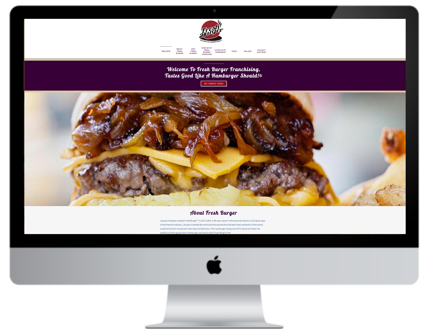 Website homepage with a close-up of a burger, featuring caramelized onions and cheese.
