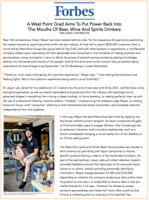 Forbes article: Man in black shirt at a bar. Headline: West Point grad aims to put power back into beer, wine, and spirits.
