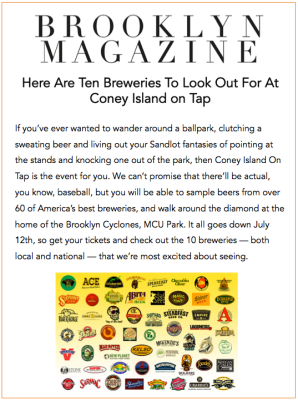 Brooklyn Magazine advertisement: Coney Island on Tap event, featuring 10 breweries. Includes event details and brewery logos.