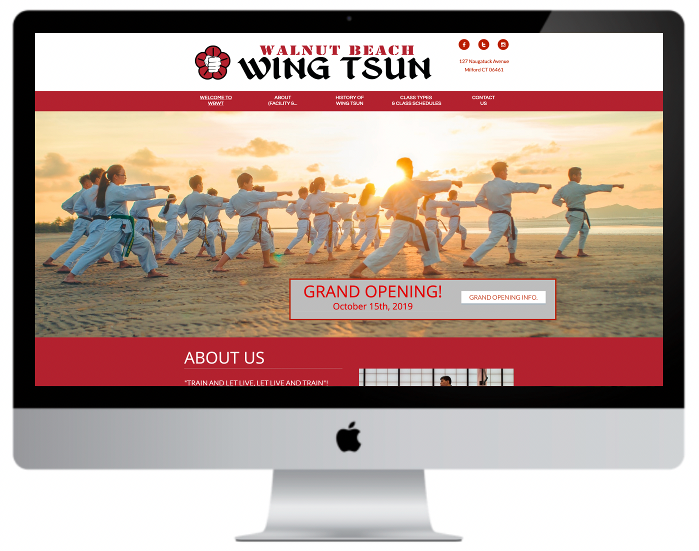 Walnut Beach Wing Tsun website on an iMac, featuring martial arts training on the beach at sunset.