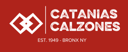 Logo for Catanias Calzones, established 1949 in Bronx NY. Red background, white text and symbol.
