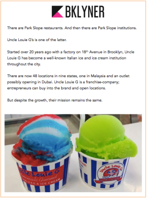 Article about Uncle Louie G's ice cream, with a photo of two colorful ice cream cups.