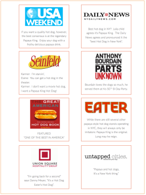 Promotional graphic with logos and quotes about a hot dog from publications like USA Weekend, Daily News, and Eater.