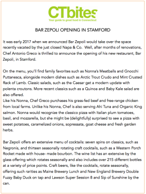 Text article: Bar Zepoli restaurant opening in Stamford. Menu items include pasta, salads, and cocktails.