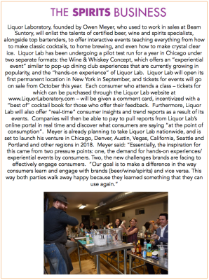 People at a bar, learning to make cocktails. Text details the business of Liquor Lab, which offers these events.