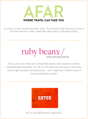 AFAR magazine ad: La Lucha sandwich shop review. Ruby beanx food review mentions 