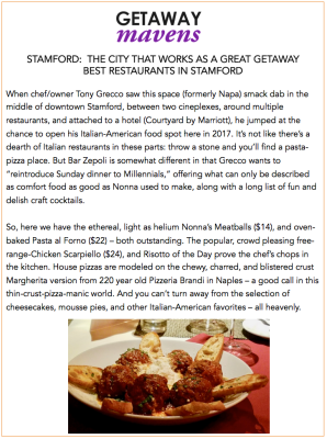 Text describing Stamford's best restaurants, featuring Nonna's Meatballs.