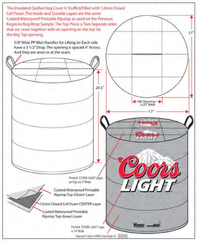Diagram of a cylindrical Coors Light keg cooler with measurements and layers shown, including wire handles and top detail.