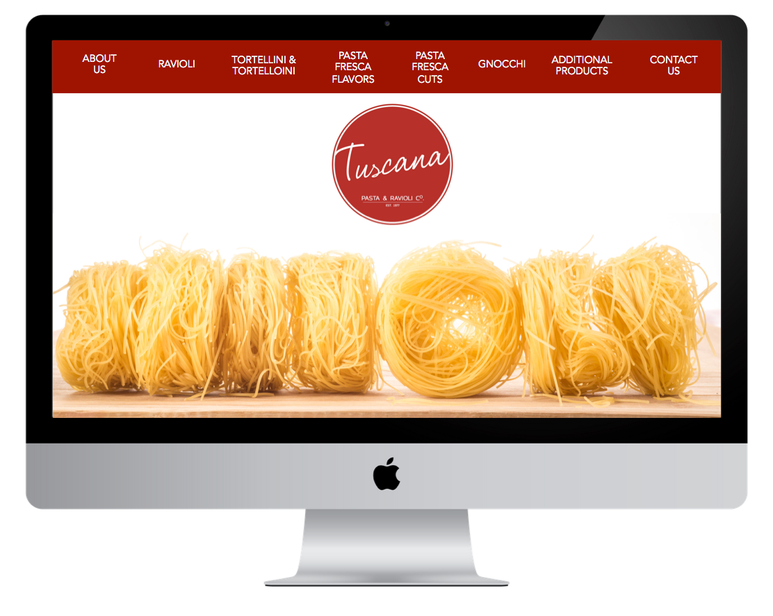 Website homepage with pasta nests; logo