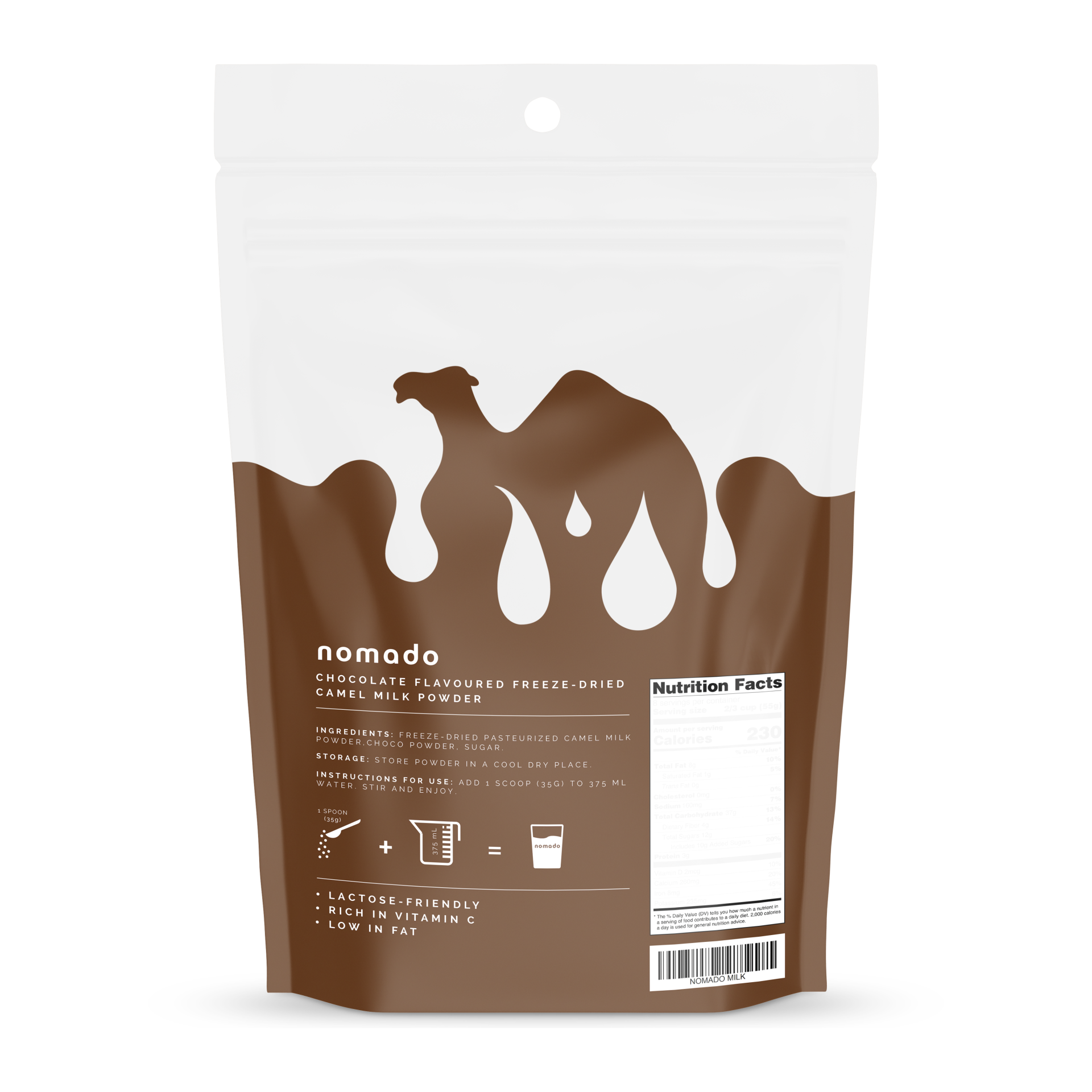 Back of a brown and white Namado camel milk powder pouch with product information.
