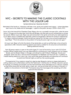 NYC cocktail-making class: People at a bar, some mixing drinks, under a banner 