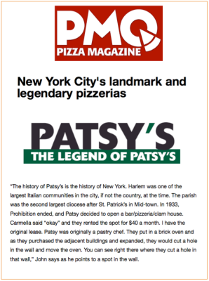 PMQ Pizza Magazine article about Patsy's Pizzeria in NYC, highlighting its history and location.