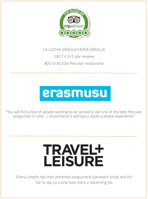 La Lucha Sangucheria Criolla restaurant: TripAdvisor badge, Erasmusu and Travel+Leisure quotes.