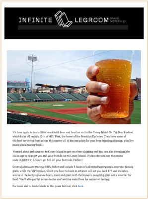 Hand holding a beer at a baseball stadium, advertising a beer festival in Coney Island.