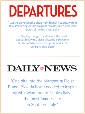 Reviews of Brandi Pizzeria from Departures and Daily News.