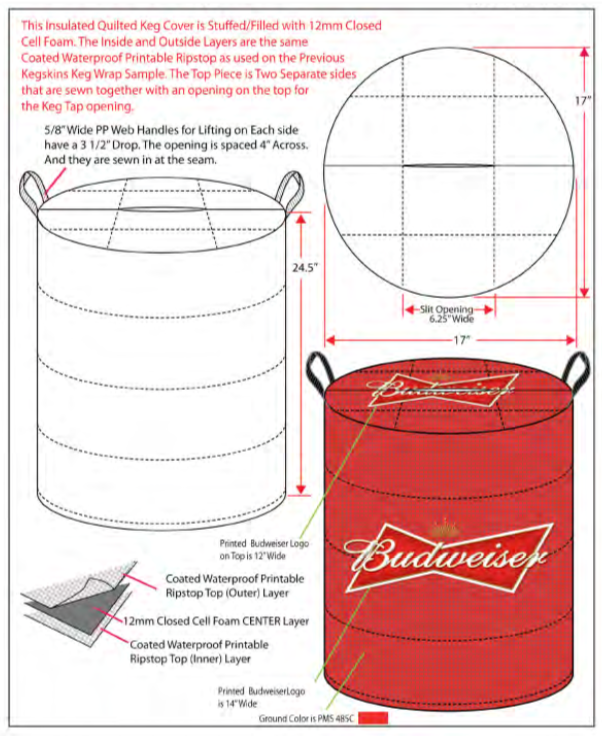 Diagram of a red Budweiser insulated cooler bag with handles, featuring construction details and dimensions.