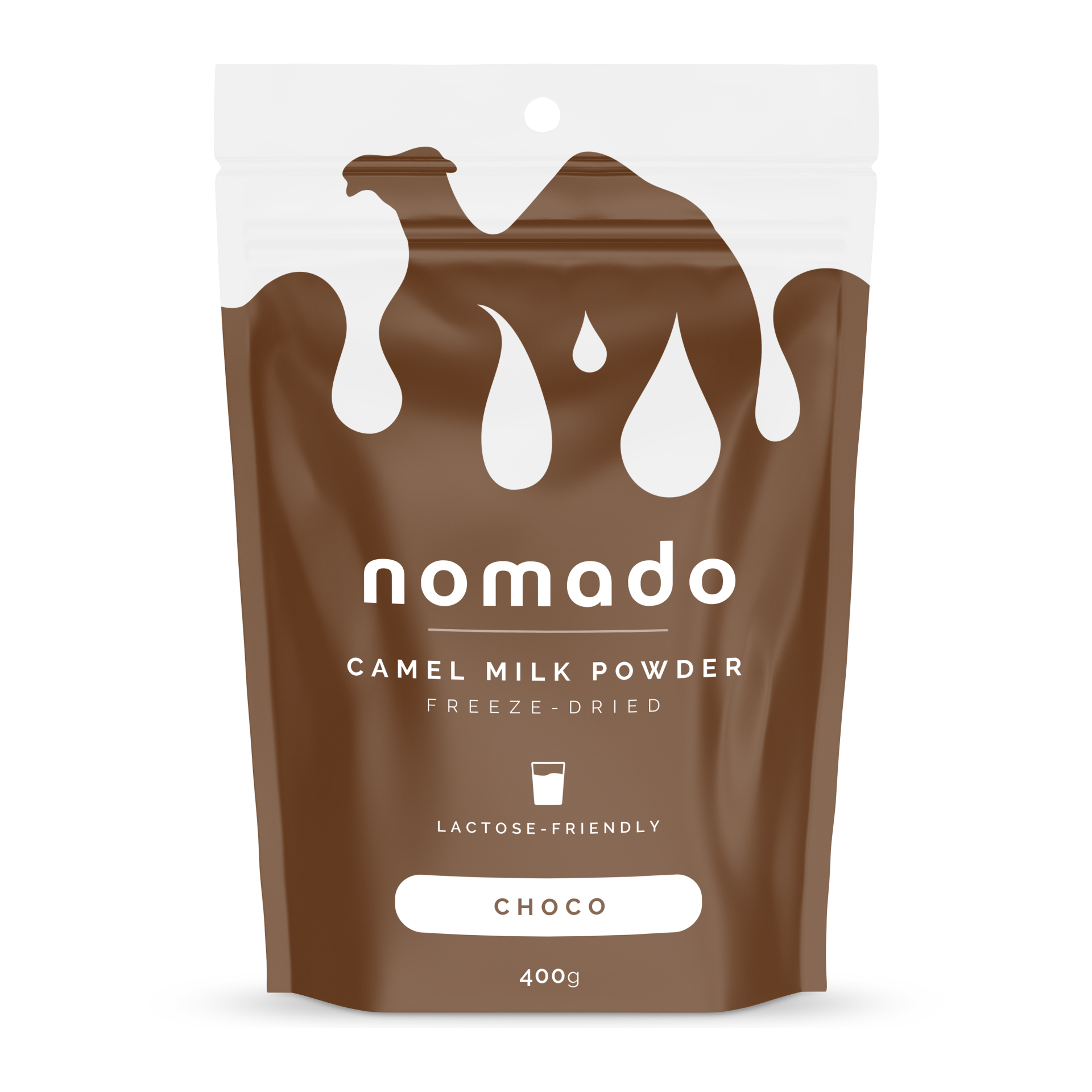 Brown pouch of Nomado camel milk powder; white camel silhouette, 