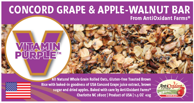 Concord grape and apple-walnut bar package with purple and brown colors. Contains oats and walnuts, from AntiOxidant Farms.
