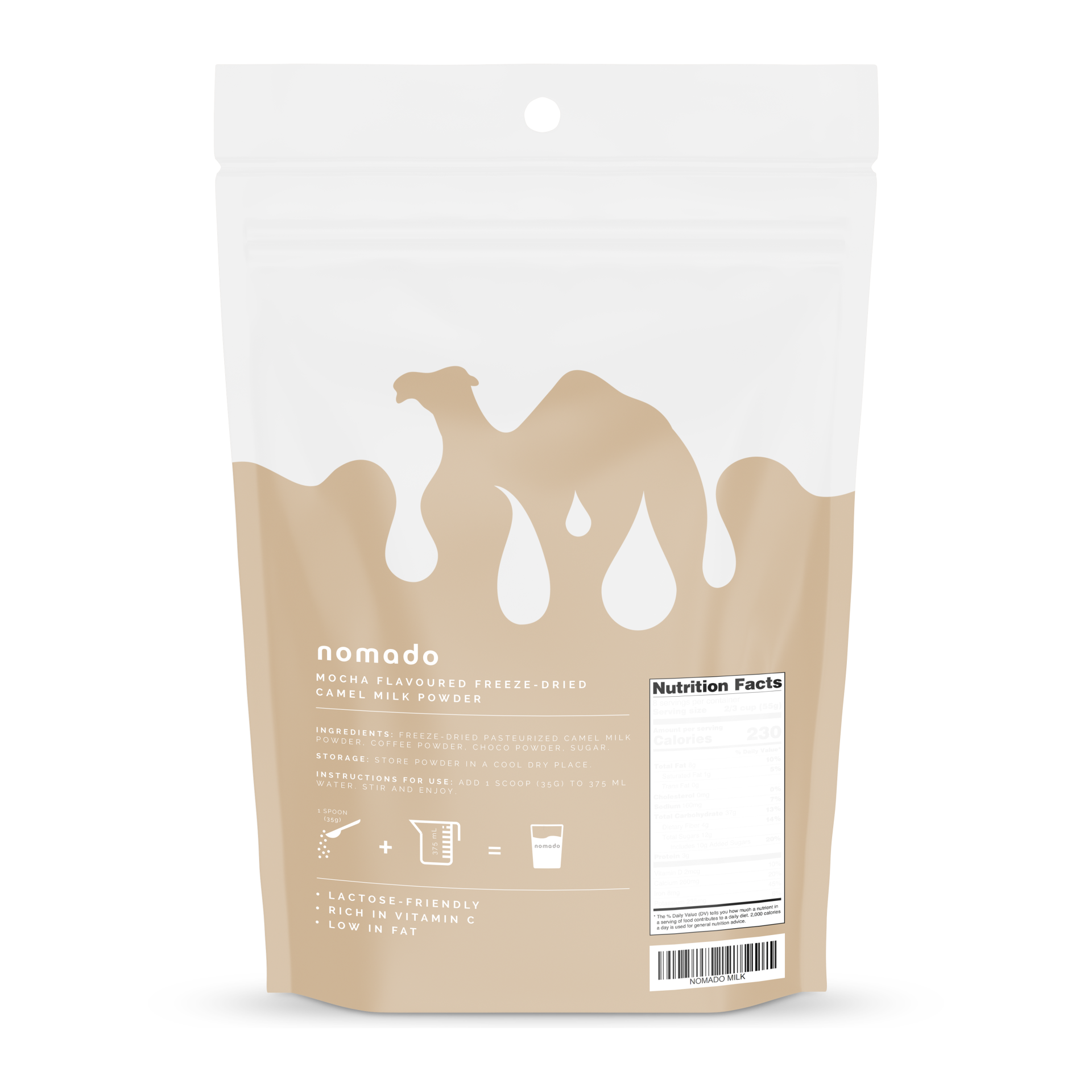 Back of a camel milk powder bag with camel silhouette and product information. Cream and tan colors.
