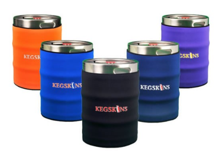 Five colorful insulated beer can holders shaped like kegs.