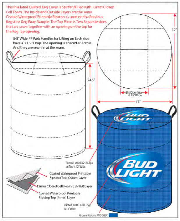 Insulated Bud Light keg cover diagram with dimensions, layers, and handles. Blue cover with Bud Light logo.