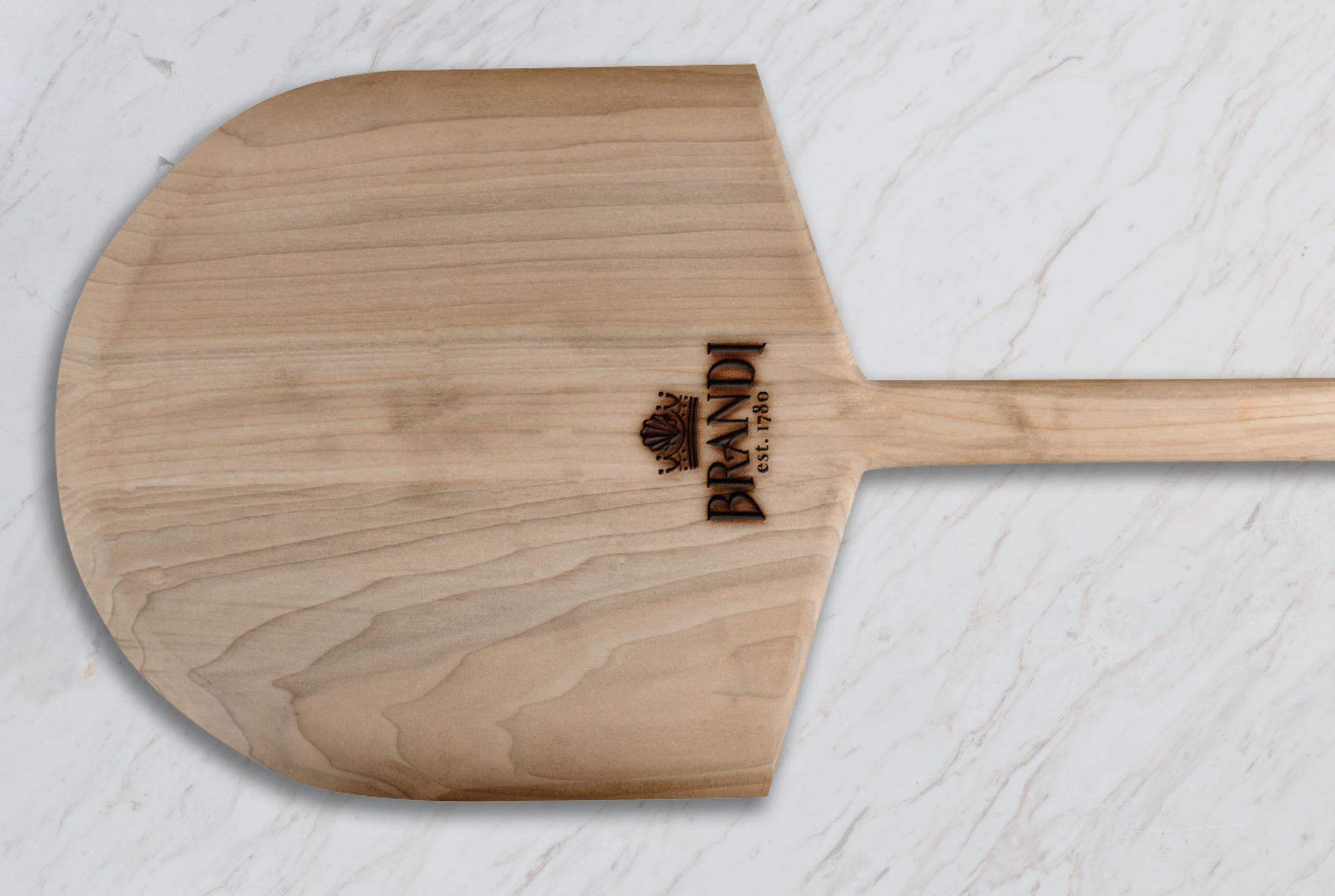 Wooden pizza peel with a long handle and the brand name 