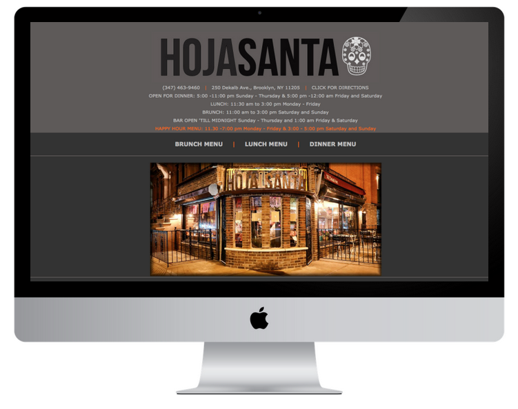 Computer screen displaying the website for the restaurant Hojasanta, showing the exterior.