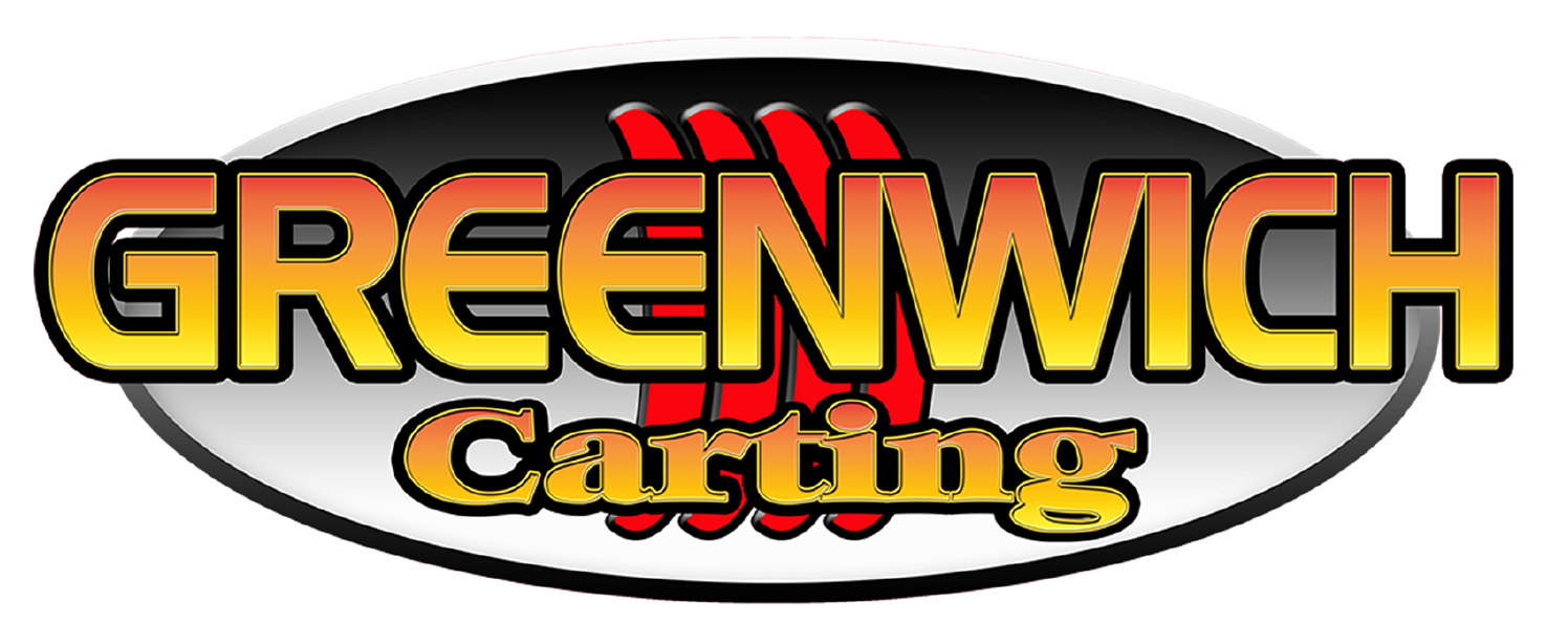 Logo for Greenwich Carting, with text in yellow and red, over a grey oval.