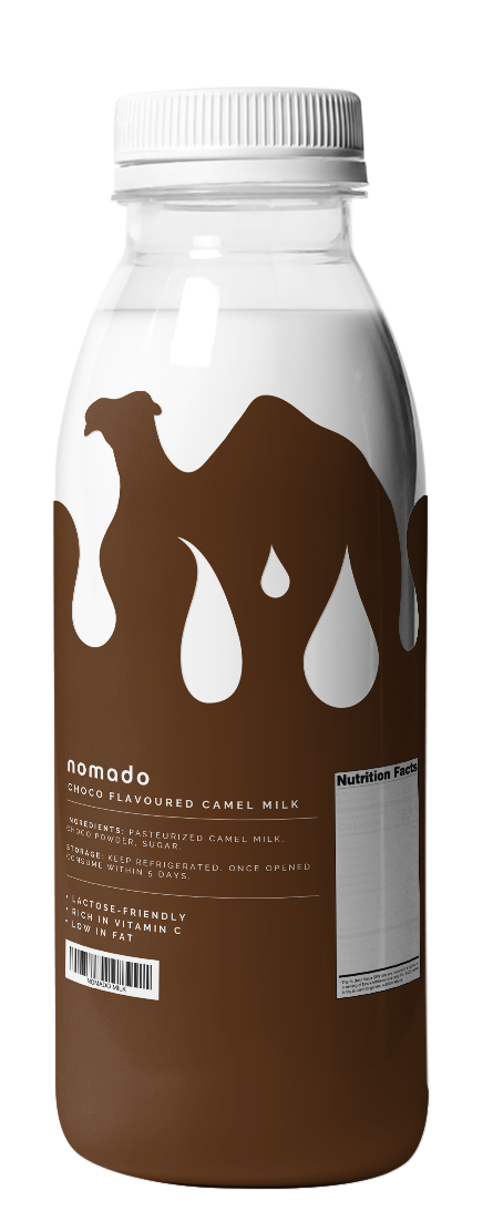 Bottle of chocolate milk with a camel silhouette and white drips on it.