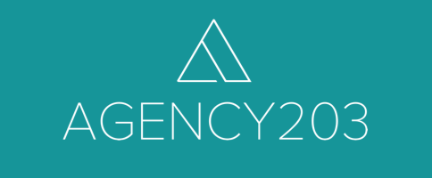 Logo for Agency 203, featuring a turquoise background and a white triangle icon above the company name.