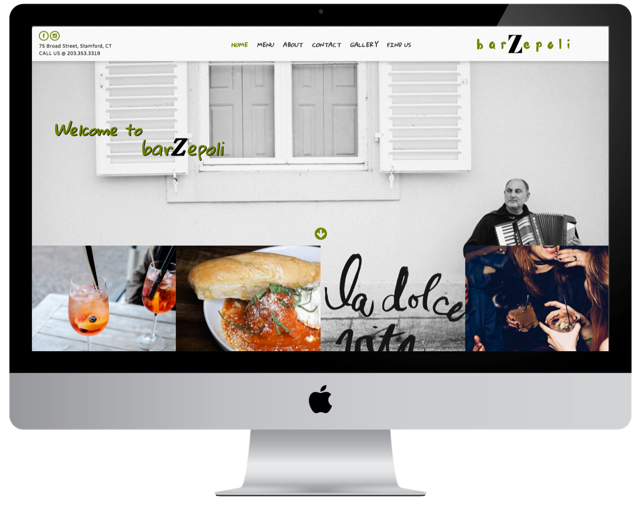 Bar Zepoli website on a computer screen, featuring food and a man with an accordion.