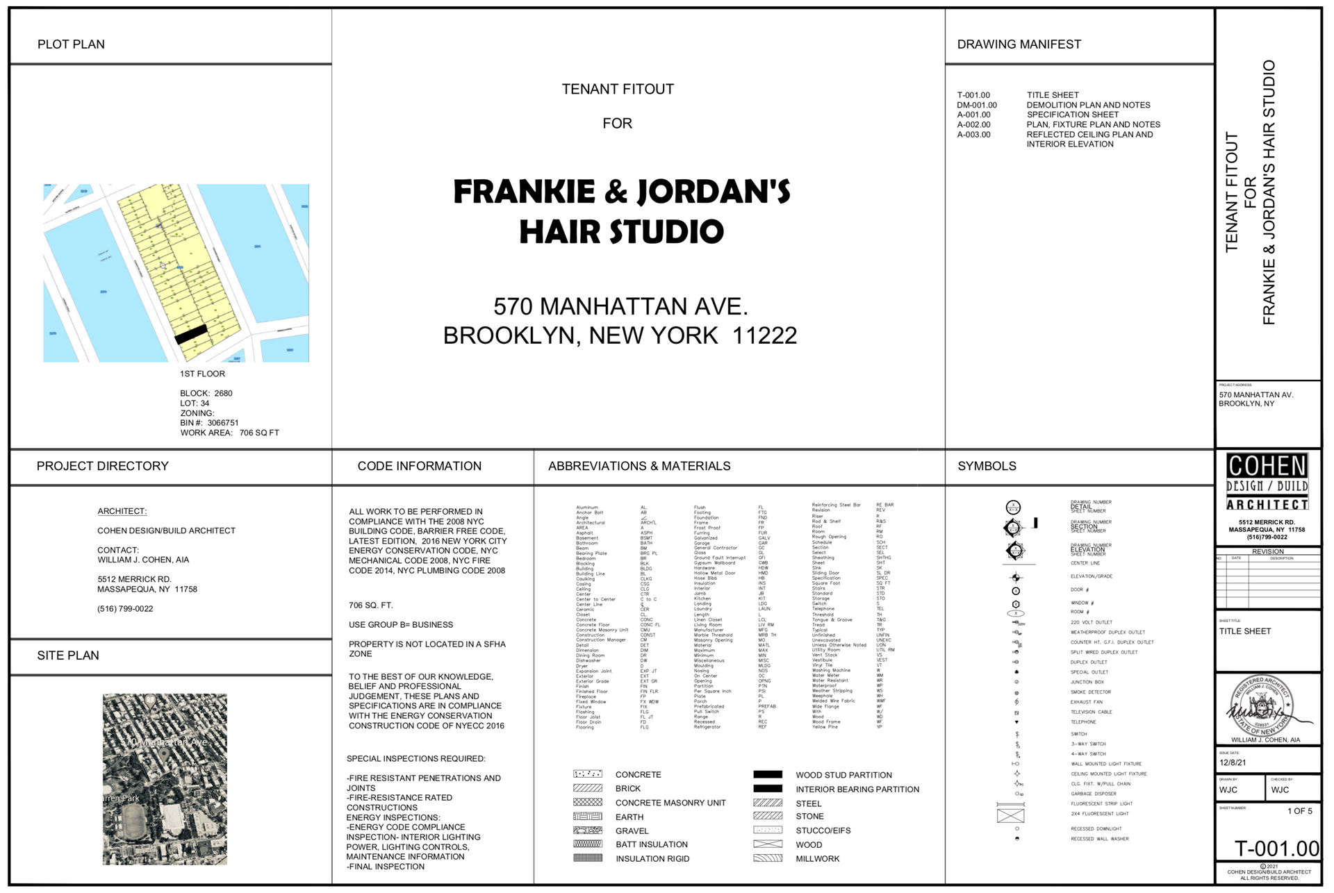 Architectural plan for Frankie & Jordan's Hair Studio at 172 Manhattan Ave, Brooklyn, NY. Contains site plan and other details.