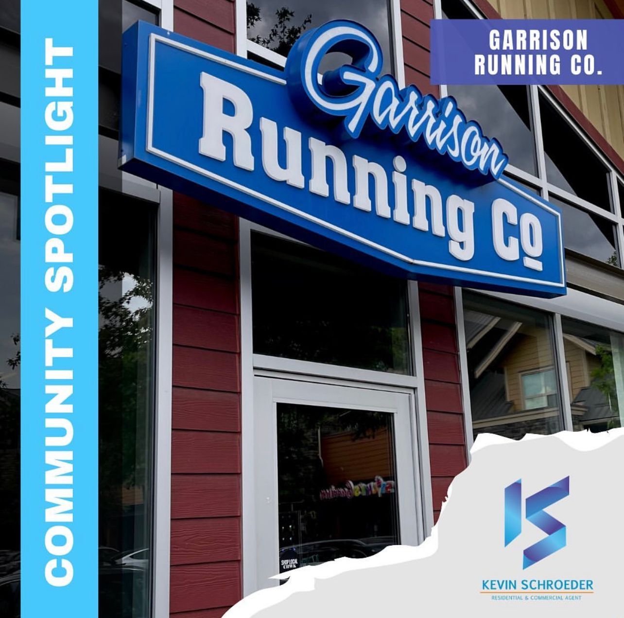 Garrison Running Co. storefront sign with blue and white lettering. Building is red with large windows.