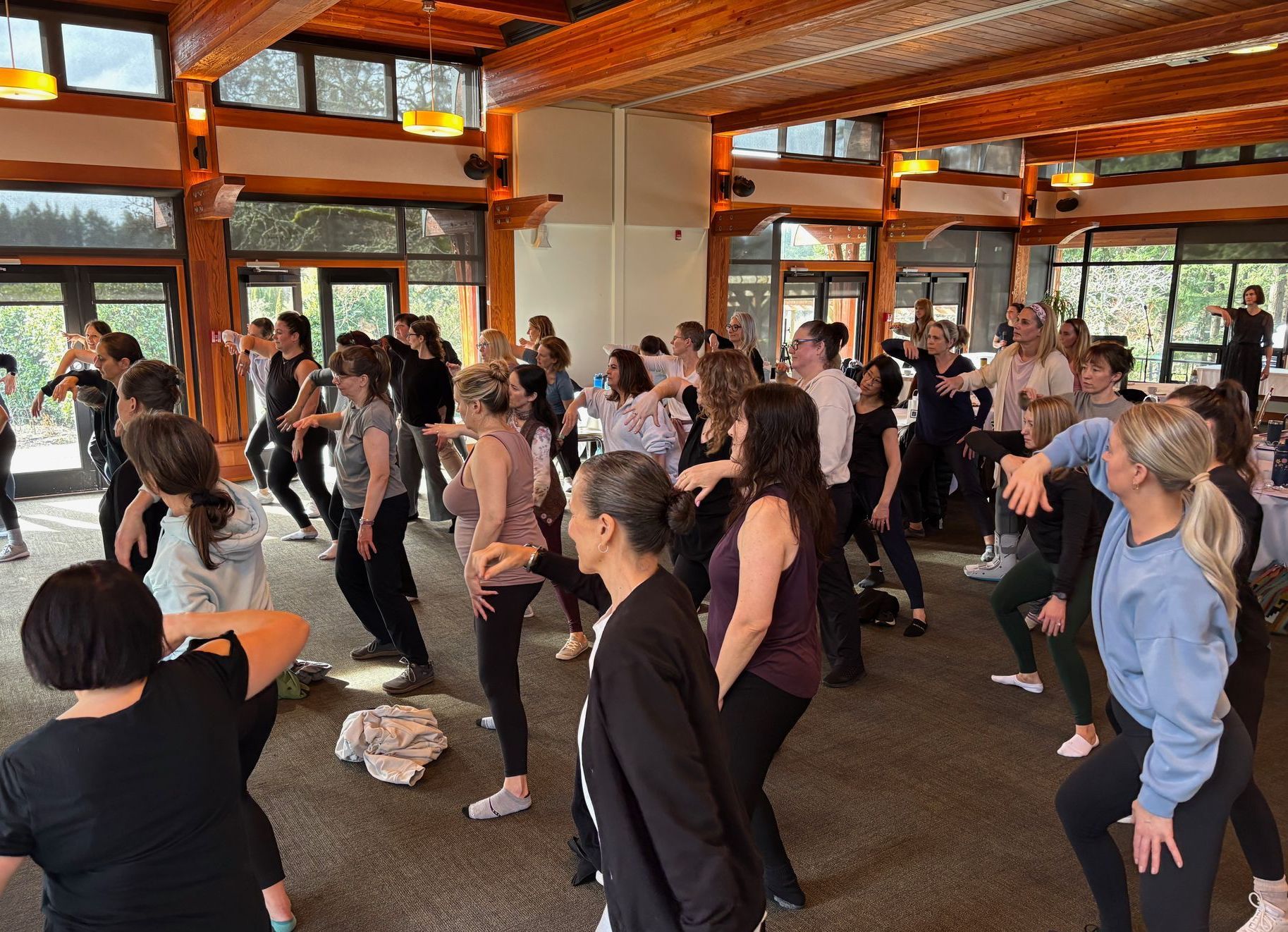A group of people in a wooden-beamed room are dancing, some in active poses. Bright windows and natural light fill the space.