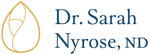 Logo for Dr. Sarah Nyrose, ND, featuring a gold tear-drop shape and the doctor's name in navy blue.