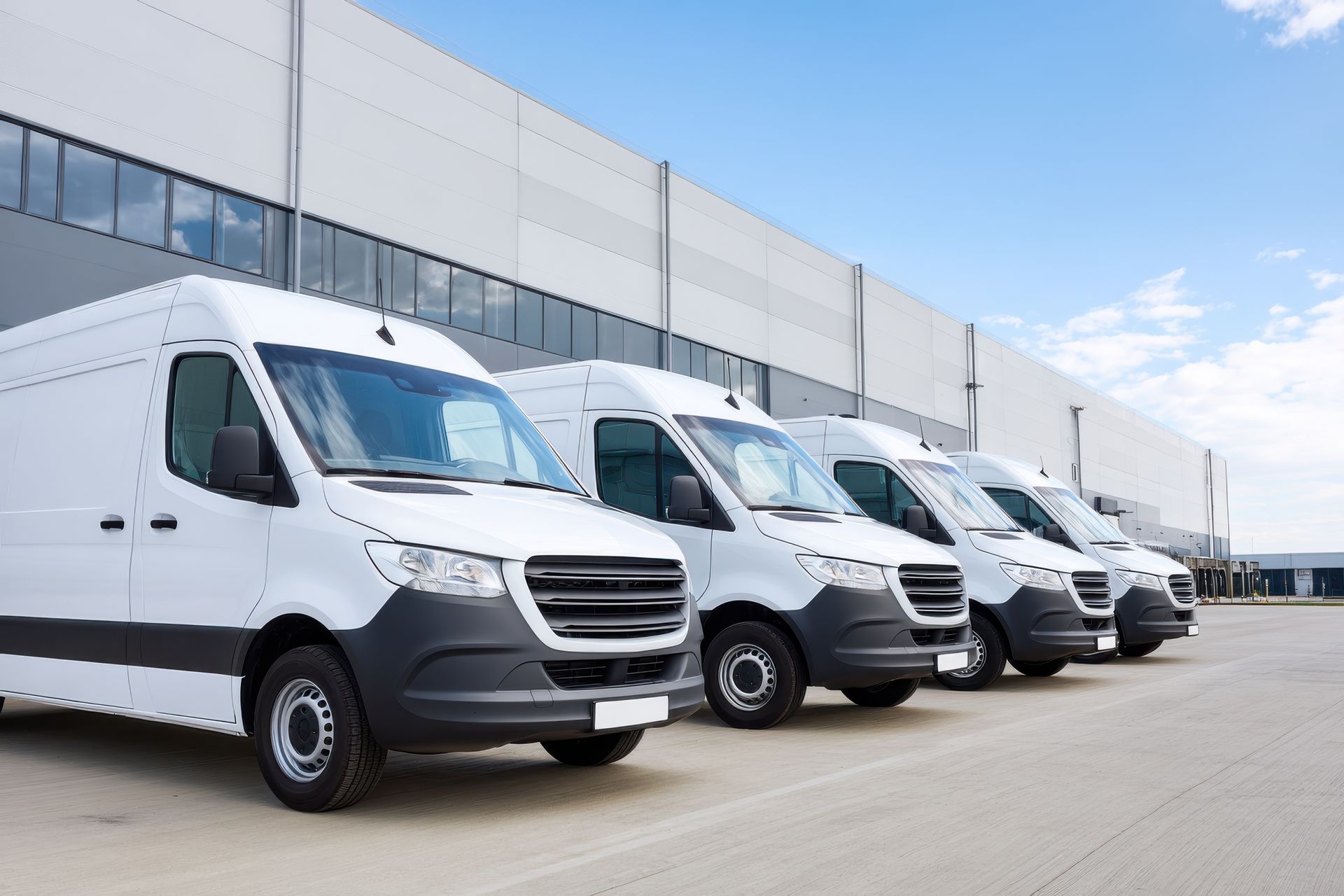 Several white delivery vans parked in a line outside a large, modern building under a blue sky.