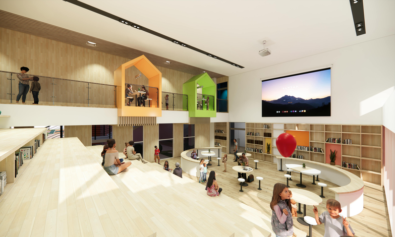 Bright, modern library with curved tables, colorful alcoves, bookshelves, and people studying inside